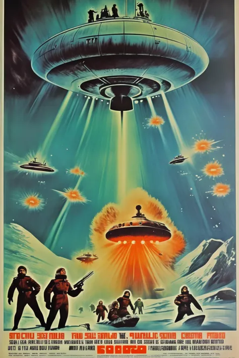 <lora:movie poster:1>movie poster - a movie poster to a movie from 1973 picturing a submarine and a ufo in a polar enviroment. a...