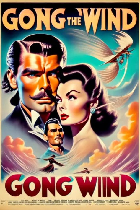 Movie poster of Gong with the Wind,  starring Vivien Leigh and Clark Gable,  in the style of esao andrews,<lora:Movie Poster:1.000000>,<lora:BetterTextRedmond:0.800000>