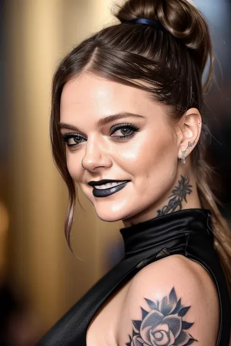 portrait photo of etvesni-200, a beautiful woman, closeup zoomed in tight crop portrait, ((black hair)), ponytail, wearing a light black evening gown , (tattoos on her arms), (black lipstick), smiling, at a hollywood premier, bokeh,  foreground objects bac...