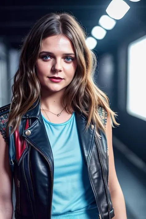 a extreme portrait photo of a stylish  (etvesni-200:0.99), wearing a leather jacket, light blue tank top,  red lipstick, smiling, complex background, (8k, RAW photo, best quality, ultra high res, absurdres, intricate, photorealistic, masterpiece, ultra-det...