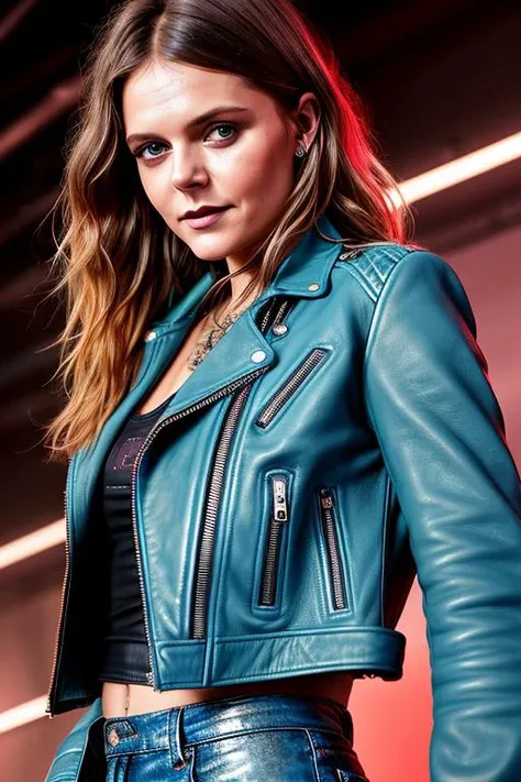 a extreme portrait photo of a stylish  (etvesni-200:0.99), wearing a leather jacket, light blue tank top,  red lipstick, smiling, complex background, (8k, RAW photo, best quality, ultra high res, absurdres, intricate, photorealistic, masterpiece, ultra-det...