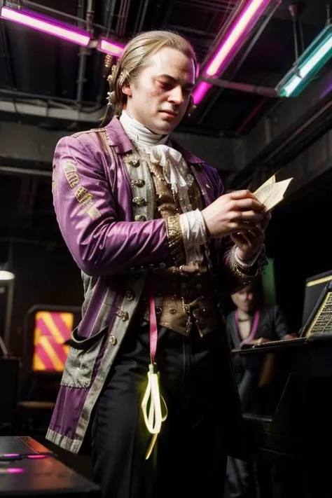 arafed man in a purple jacket reading a book in a room