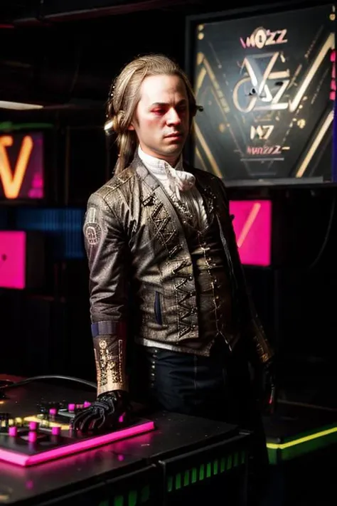 ((Wolfgang Amadeus Mozart on a rave)), dxhr style, neon lights