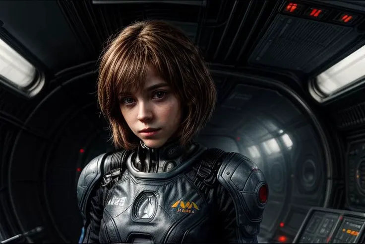 a woman in a futuristic suit standing in a spaceship