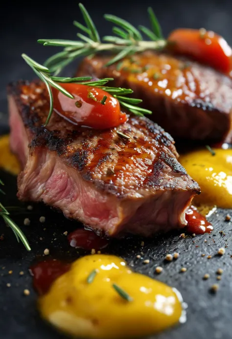 RAW food photography, piece of fried grilled meat, splashes of ketchup and mustard sauce, (rosemary), spices, exceptional shallow depth-of-field capabilities, atmospheric haze blur, vivid colors, high quality textures of materials, volumetric textures, coa...