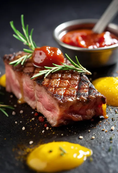 RAW food photography, piece of fried grilled meat, splashes of ketchup and mustard sauce, (rosemary), spices, exceptional shallow depth-of-field capabilities, atmospheric haze blur, vivid colors, high quality textures of materials, volumetric textures, coa...