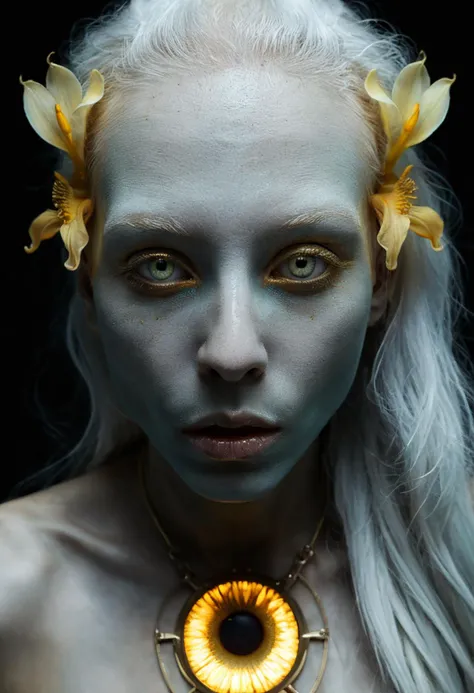 professional photography by olivier valsecchi, closeup portrait a half-alien and half-human woman with teal-coloured skin and wi...