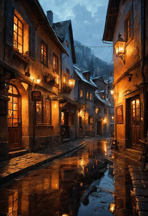 illustration by basil gogos and daniel gerhartz, charming tavern in a street alley, medieval village, rain, moody, reflections i...