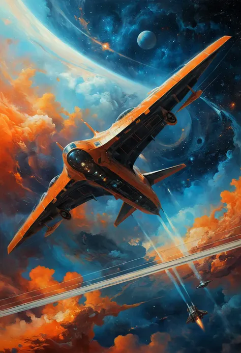 by Sabbas Apterus and Andre Kohn, A futuristic spaceship soars through a celestial tapestry, its sleek form elegantly juxtaposed against swirling nebulas in a vibrant symphony of cosmic blues and fiery oranges.