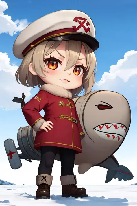 a cartoon girl in a uniform holding a shark and a sword