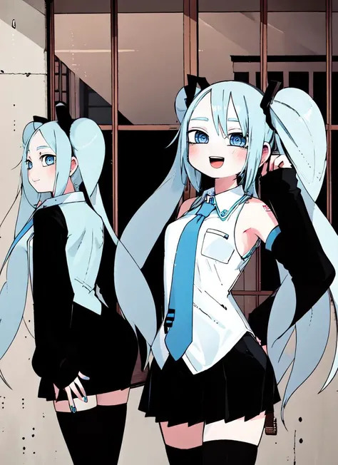 ((best quality)), ((highly detailed)), absurdres, (detailed eyes, deep eyes), (1girl), mirror, reflection, leaning back, Hatsune Miku, aqua hair, ((very long hair)), twintails, hair ornament, aqua eyes, blue nail polish, smiling, white shirt, collared shir...