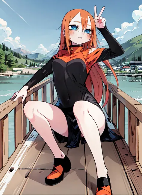 ((best quality)), ((highly detailed)), masterpiece, absurdres, (detailed eyes, deep eyes), <lora:more_details:.3>, (1girl), dynamic pose, full body, red head, orange hair, vibrant aqua eyes, ((freckles)), (body freckles), (outdoors, at a wooden bridge, mid...