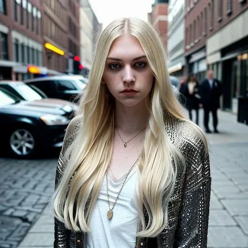 taylor, woman, long hair, beautiful, gorgeous, blonde, pale hair, detailed background, standing on the sidewalk, parked cars, RAW photo, subject, 8k, soft lighting, high quality, film grain, Fujifilm <lora:atrizes_v01:1>