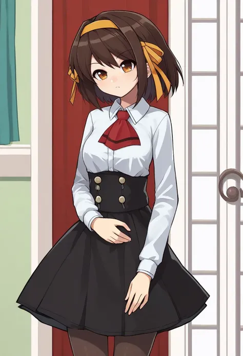 score_9, score_8_up, source_anime BREAK
suzumiya_haruhi, suzumiya_haruhi_no_yuuutsu, 1girl, brown_hair, brown_eyes
, skirt, shirt, long sleeves, white shirt, pantyhose, frills, collared shirt, black skirt, black_pantyhose, ascot, high-waist_skirt, meme_att...