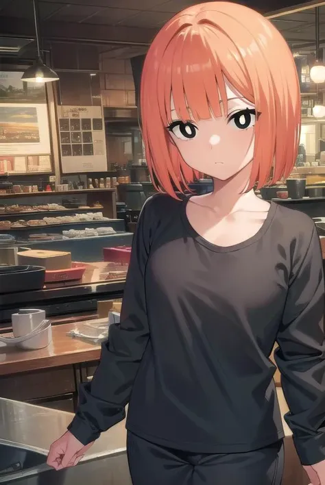 anime girl with orange hair and black shirt standing in a kitchen