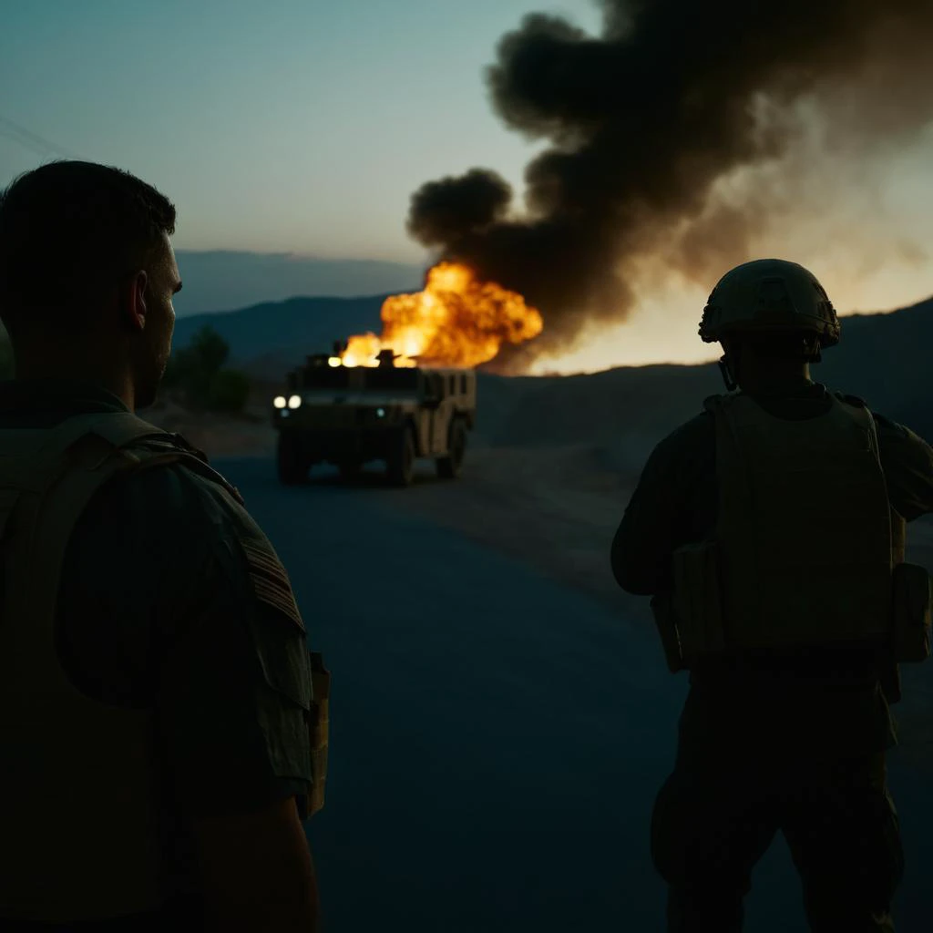 cinematic film still of  <lora:Modern Warfare style:1>
a pov point of view of a man standing in the street in front of a fire and silhouette military men at night in the dark modern warfare style,weapon,multiple boys,from behind,fire,ground vehicle,motor v...