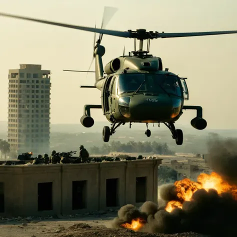 cinematic film still of  <lora:Modern Warfare style:1>
Military Helicopter a helicopter flying over a city next to a building modern warfare style,weapon,outdoors,sky,day,gun,military,robot,ground vehicle,building,mecha,motor vehicle,smoke,science fiction,...