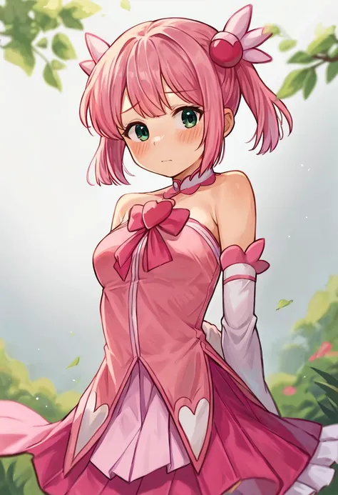 a close up of a anime girl in a pink dress