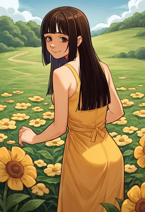 anime girl in yellow dress standing in a field of sunflowers