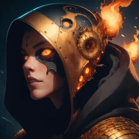 a woman in a helmet with fire coming out of her face