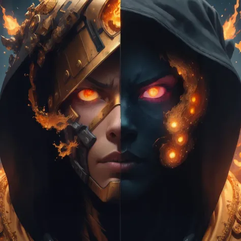 a close up of a person with a hoodie and fire