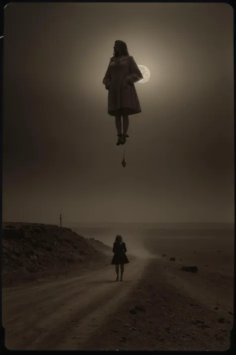 a woman flying a kite over a dirt road in the desert