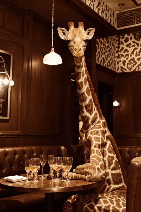 distinguished giraffe drinking in stylish restaurant, <lora:epiCSepia:1>epiCSepia