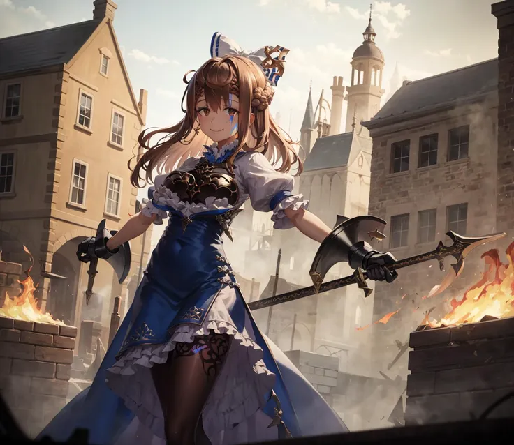 anime girl in a blue dress holding a sword in front of a castle