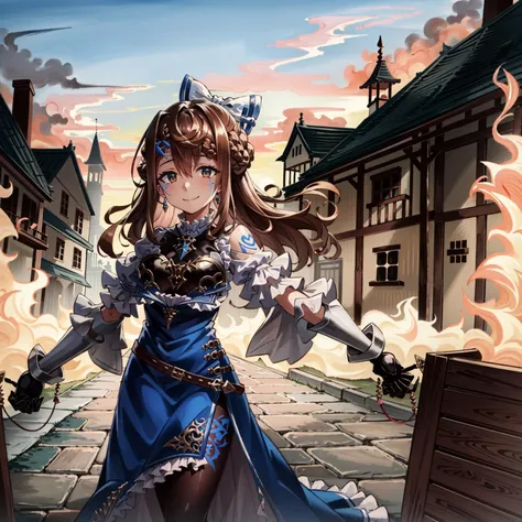 anime girl in blue dress with sword and armor walking down a street