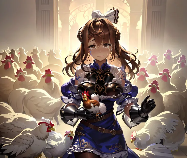 anime girl with a bunch of chickens in her hands