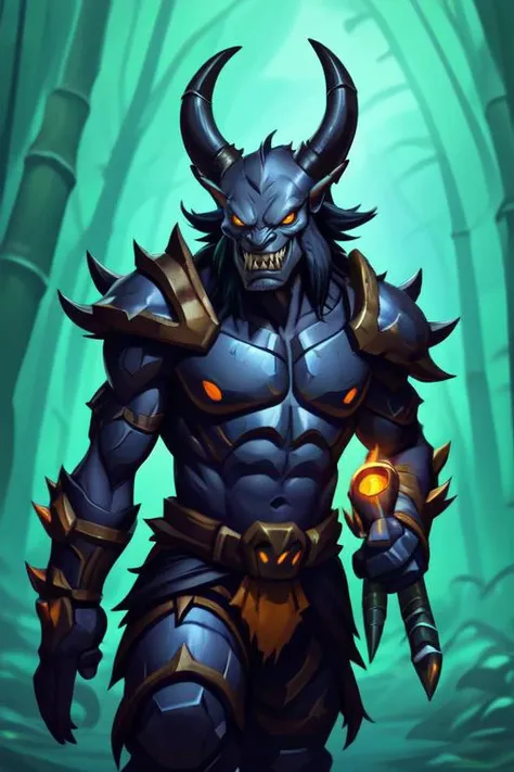 HEZI, Hearthstone, armor, glowing, 1boy, solo, male focus, glowing eyes, horns, weapon, nature, teeth, forest, monster, yellow eyes, spikes, helmet, tusks, outdoors, holding, colored skin, tree, looking at viewer, gauntlets, no humans, sharp teeth, blue sk...