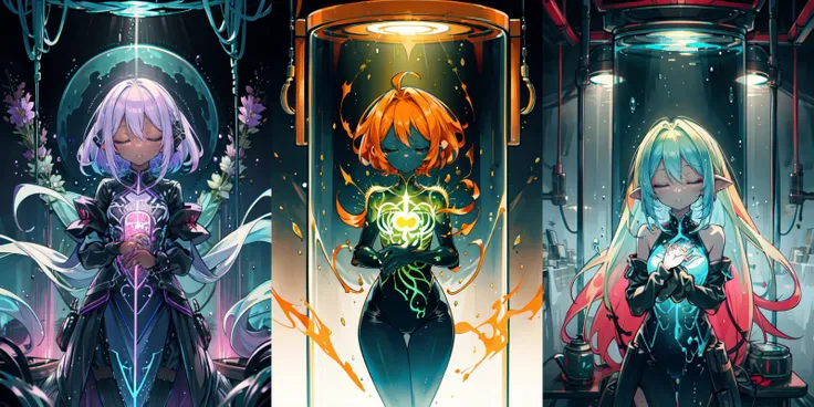 three anime characters in a glass case with a glowing light