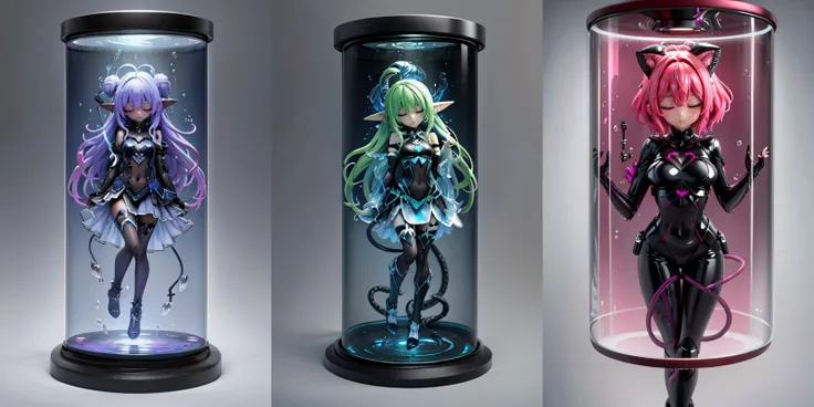 three different colored anime figures in glass containers with lights