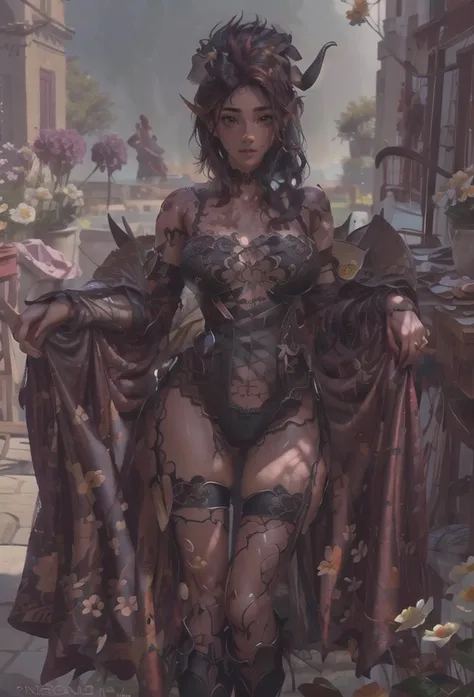 a painting of a woman in a costume standing on a sidewalk