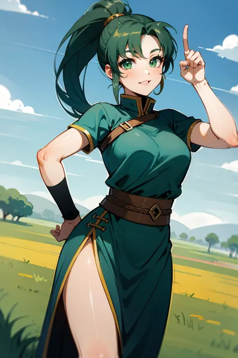 masterpiece, best quality, 1girl, solo, looking at viewer, <lora:EPfeLyn-06:0.7>, EPfeLyn, green hair, green eyes,  long hair, ponytail, high ponytail
BREAK
cowboy shot, spaceship, day, sunny, index finger raised, 0.3::toga, greek clothes0.3::, happy