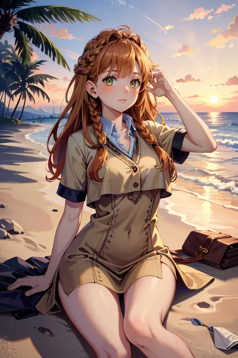 ((ultra detailed, masterpiece, absurdres))
 <lora:HFWAloy:0.9>
HFWAloy, 1girl, orange hair, green eyes, long hair, braid, at the beach, minidress, palm trees, sundown