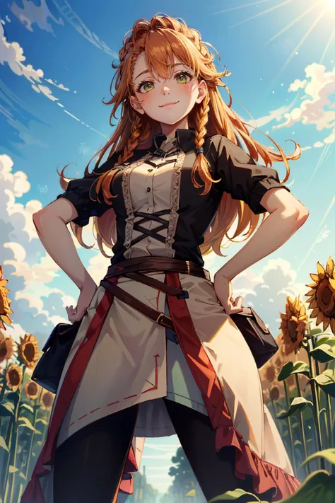 ((ultra detailed, masterpiece, absurdres))
 <lora:HFWAloy:0.9>
HFWAloy, 1girl, orange hair, green eyes, long hair, braid, surrounded by sunflowers in a bright field, smiling, with hands on hips