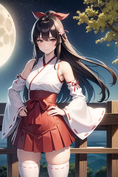 anime girl in a red and white dress standing on a fence