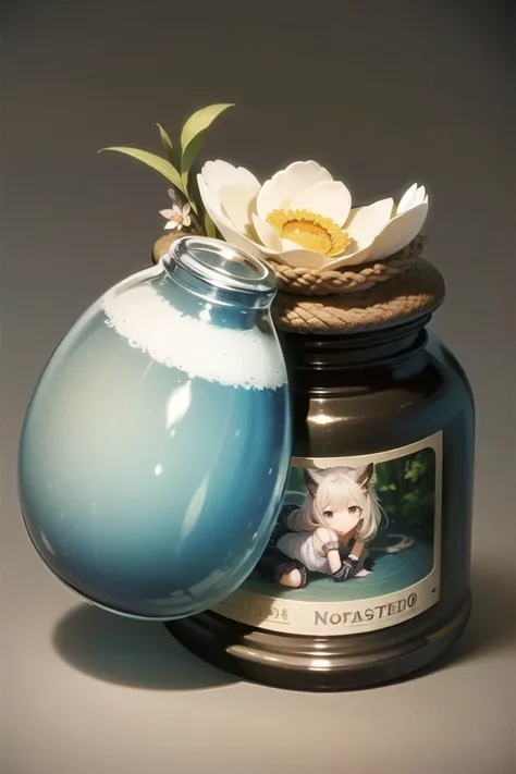 there is a blue jar with a picture of a baby inside of it