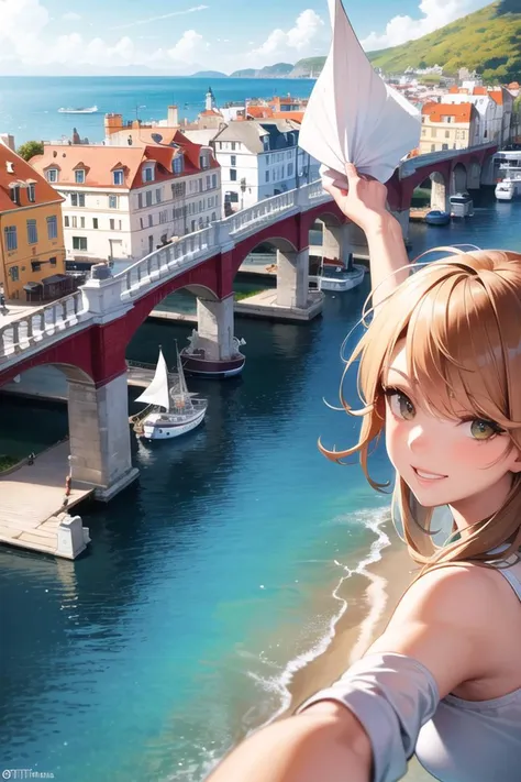 anime girl with paper airplane above a river and a bridge