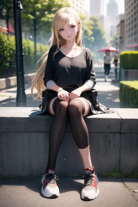 araffe sitting on a ledge in a city park with a backpack