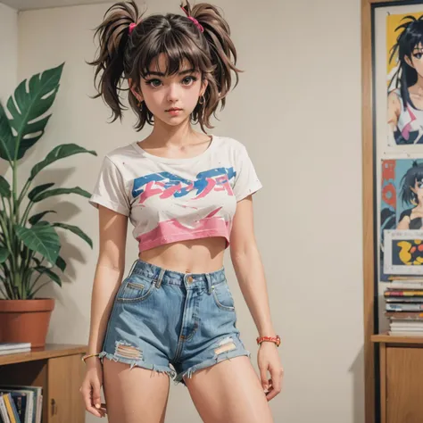 80's anime screencap, girl wearing a cropped top and short shorts, artistic rendition with wide brush strokes, anime comic