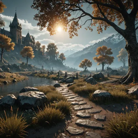 a screenshot of a path leading to a castle in the middle of a forest