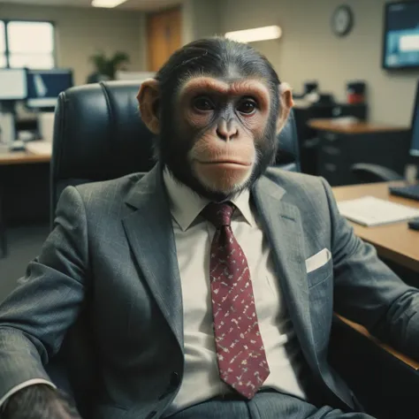 a close up of a monkey in a suit sitting in a chair