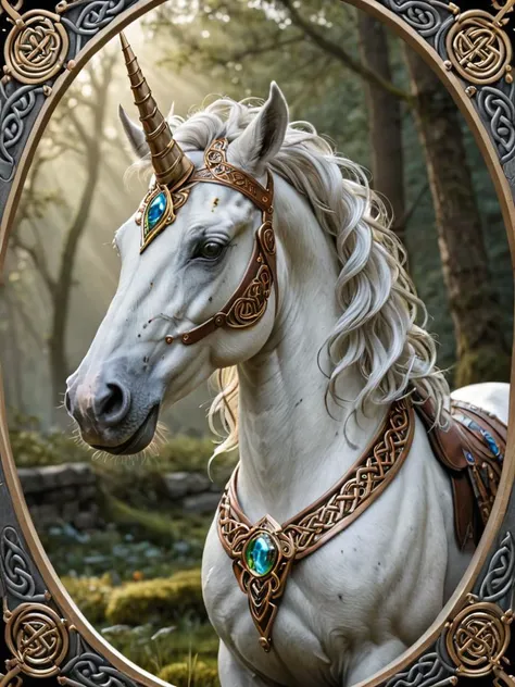 award winning photograph of a celtic unicorn with radiant grace in wonderland, magical, whimsical, fantasy art concept, steampunk, intricate details, best quality, masterpiece, ultra sharp, hyper realistic, realism <lora:Celtic_Designs:0.8>