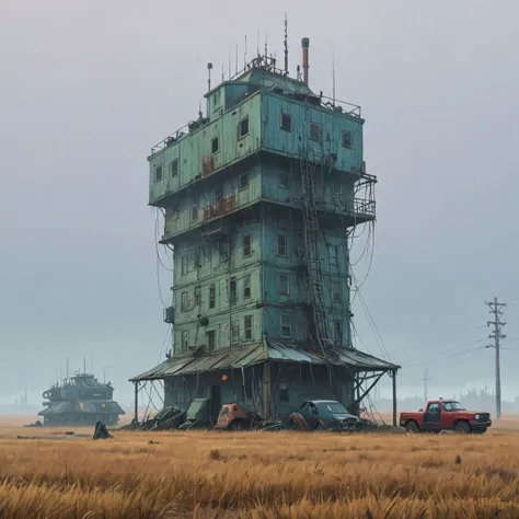 arafed building in a field with a truck parked in front of it