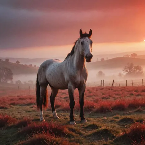 surreal art of horse in open pasture, foggy hills, red light shinning through fog