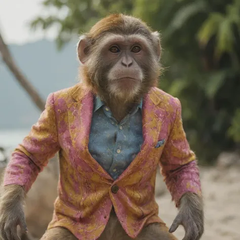 arafed monkey dressed in a suit and tie on a beach