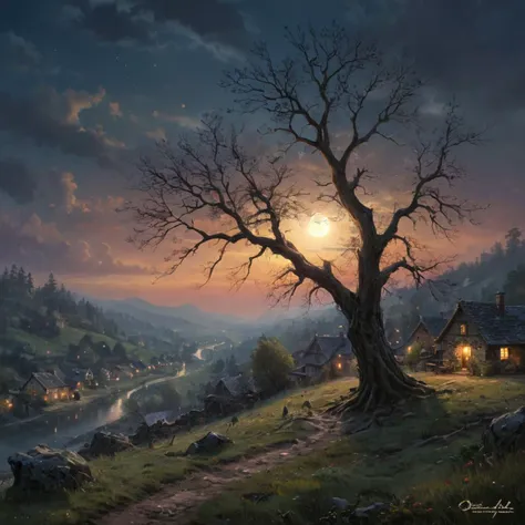 On a desolate hill, overlooking a far-off village, stands a solitary tree, its branches twisting and reaching toward the full moon hanging ominously in the darkened sky. The wind howls mournfully through the barren branches, carrying with it a sense of for...