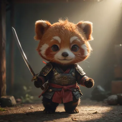 Cute chibi red panda with a katana and samurai armor,

, cinematic lighting, volumetric lighting, Film grain, cinematic film still, shallow depth of field, highly detailed